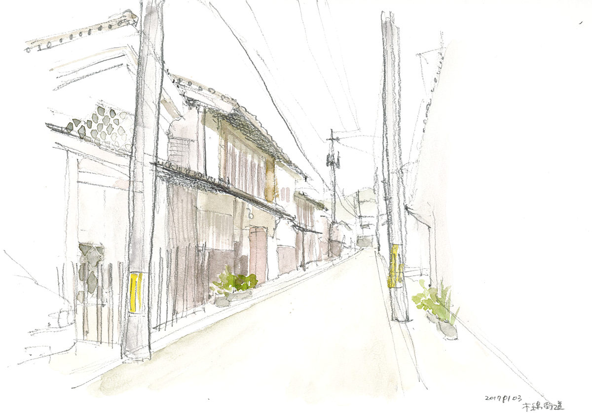出雲の木綿街道の町並みを描いた水彩スケッチ