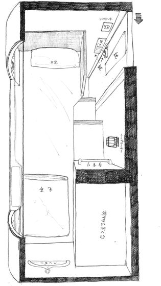 寝台特急サンライズ出雲の個室を真上から描いたスケッチ