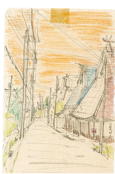 八上の街並みを描いた色鉛筆のスケッチ